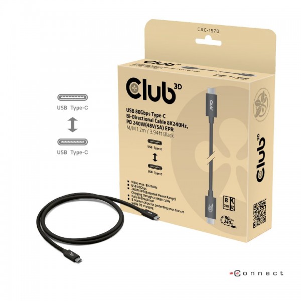 Kabel USB 3.2 C (St) =&gt; C (St) 1,2m *Club 3D* 80Gbps 240W 8K240Hz
