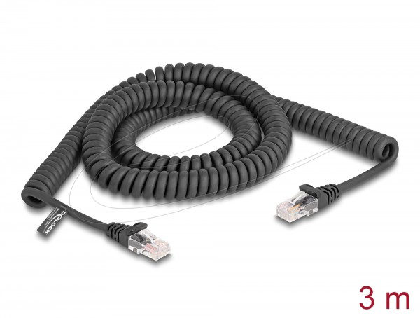 Patchkabel RJ45, CAT5e 100Mhz, 3m schwarz, FTP(F/UTP); Spiralkabel, Delock