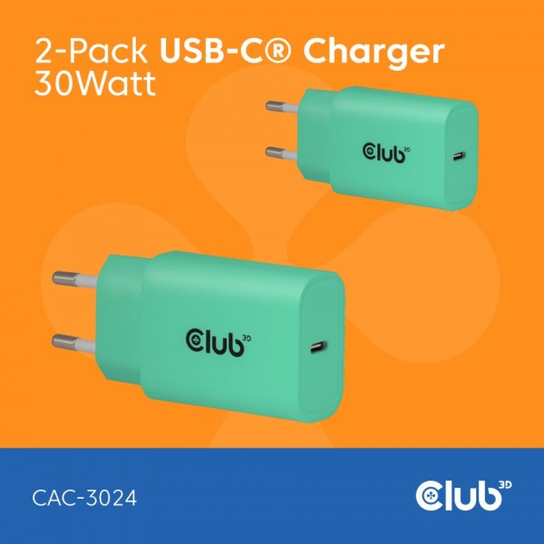 Club 3D Netzteil USB Typ C 1-fach 30W LIFESTYLE *Grün* 2-Pack
