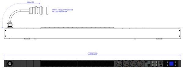 Bachmann PDU, Steckdosen, 16xDosen(C13)+ 4xCEE7/3 -&gt; Zuleitung 3m, 16A, mit Stecker CEE 3P 16A blau, BN3000