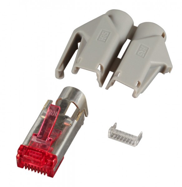 TP-Stecker STP Hirose,CAT6(TM21), 50-PACK,incl.Knickschutz, hellgrau