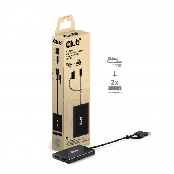 Club 3D Multi Stream Transport Hub USB 3.2 Typ C =&gt; 2x DisplayPort 4K60Hz