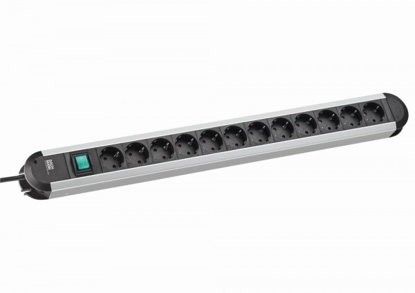 Bachmann Tischsteckdose,12xDosen(CEE7)-&gt;Stecker(CEE7), 2m, PRIMO, Alu, mit Schalter