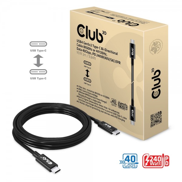 Kabel USB 4.0 C (St) =&gt; C (St) 3,0m *Club 3D* bidirektional 8K60Hz oder 4K120Hz, 40Gvps Daten, 240W Power