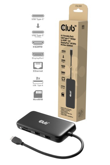 Club 3D Dockingstation - 8 in 1 Hub USB C® auf HDMI? 2.0 + DisplayPort? 1.4 8K30Hz PD 100W*schwarz*