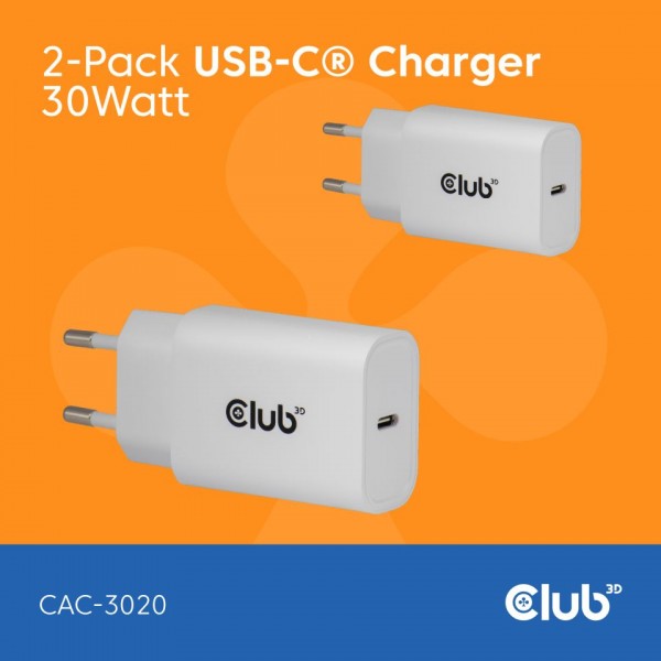 Club 3D Netzteil USB Typ C 1-fach 30W LIFESTYLE *weiß* 2-Pack