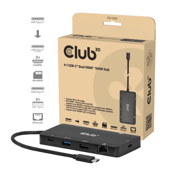 Club 3D Dockingstation - 9 in 1 Hub=&gt;2xHDMI?4K60Hz/SD-TF,2xUSBA/USB C PD/RJ45 *Club 3D*