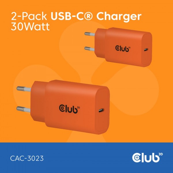 Club 3D Netzteil USB Typ C 1-fach 30W LIFESTYLE *Orange* 2-Pack