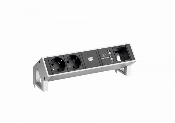 Bachmann Desk2 Steckdosenleiste, 2xDosen(CEE7), 1xUSB Doppelcharger, 1xABD, mit Zuleitung 0,2m GST18, Inox lackiert