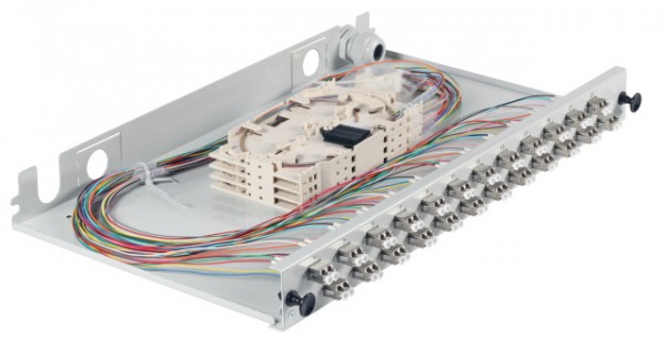 LWL-Patchpanel Spleisbox,19&quot;, 24xLC-Duplex, 50/125um, OM5, ausziehbar, Pigtails abgesetzt