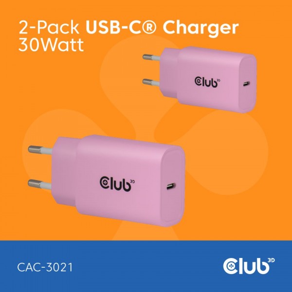 Club 3D Netzteil USB Typ C 1-fach 30W LIFESTYLE *pink* 2-Pack