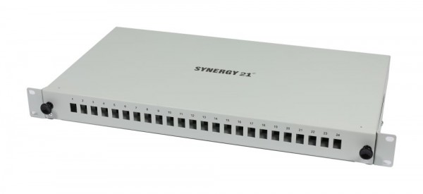 LWL-Patchpanel Spleisbox,19&quot;, 12xLC-Duplex-Buchsen, OM4, 50/125u Multimode, incl.Pigtails, Lichtgrau, Synergy 21,