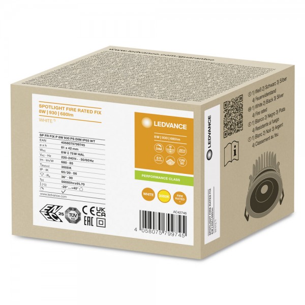LEDVANCE SPOT FIRE RATED 8W 930 PS DIM IP65 WT