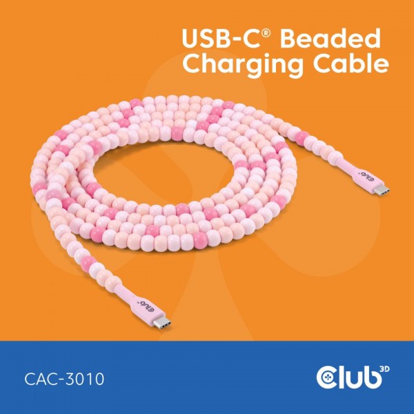Kabel USB 2.0 C (St) =&gt; C (St) 2,0m *Club3D* - LIFESTYLE Perlen Kabel *pink*